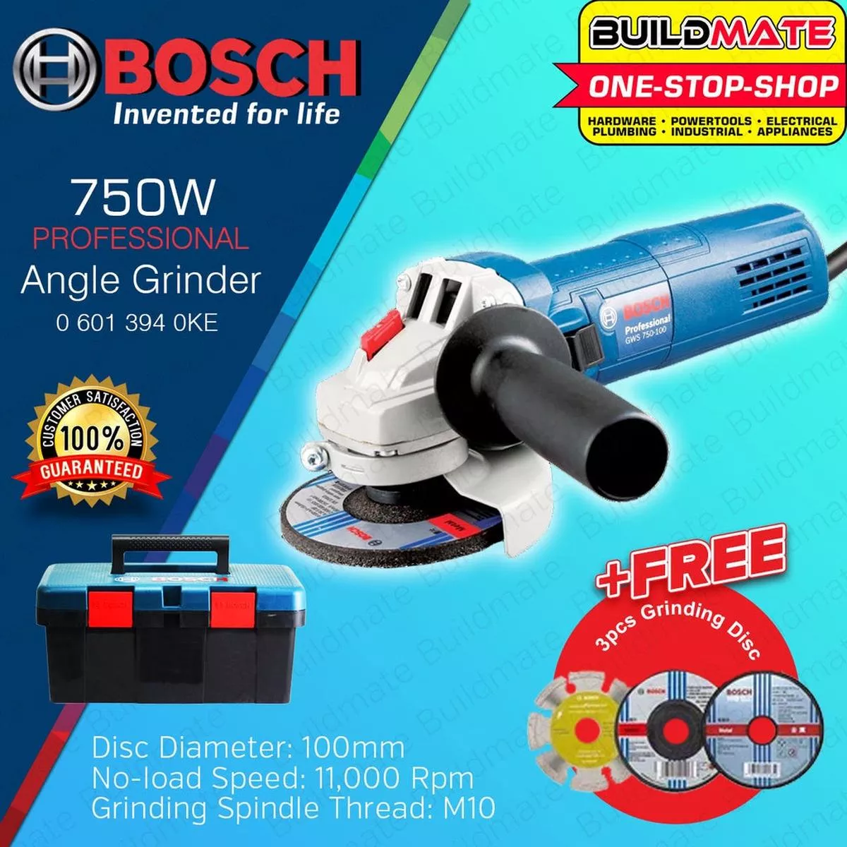[COMBO KIT] BOSCH Professional Angle Grinder GWS 750-100 3 pcs Disc Wheel Set with Fisherman Tool Box Case 06013940KE BUILDMATE BPT