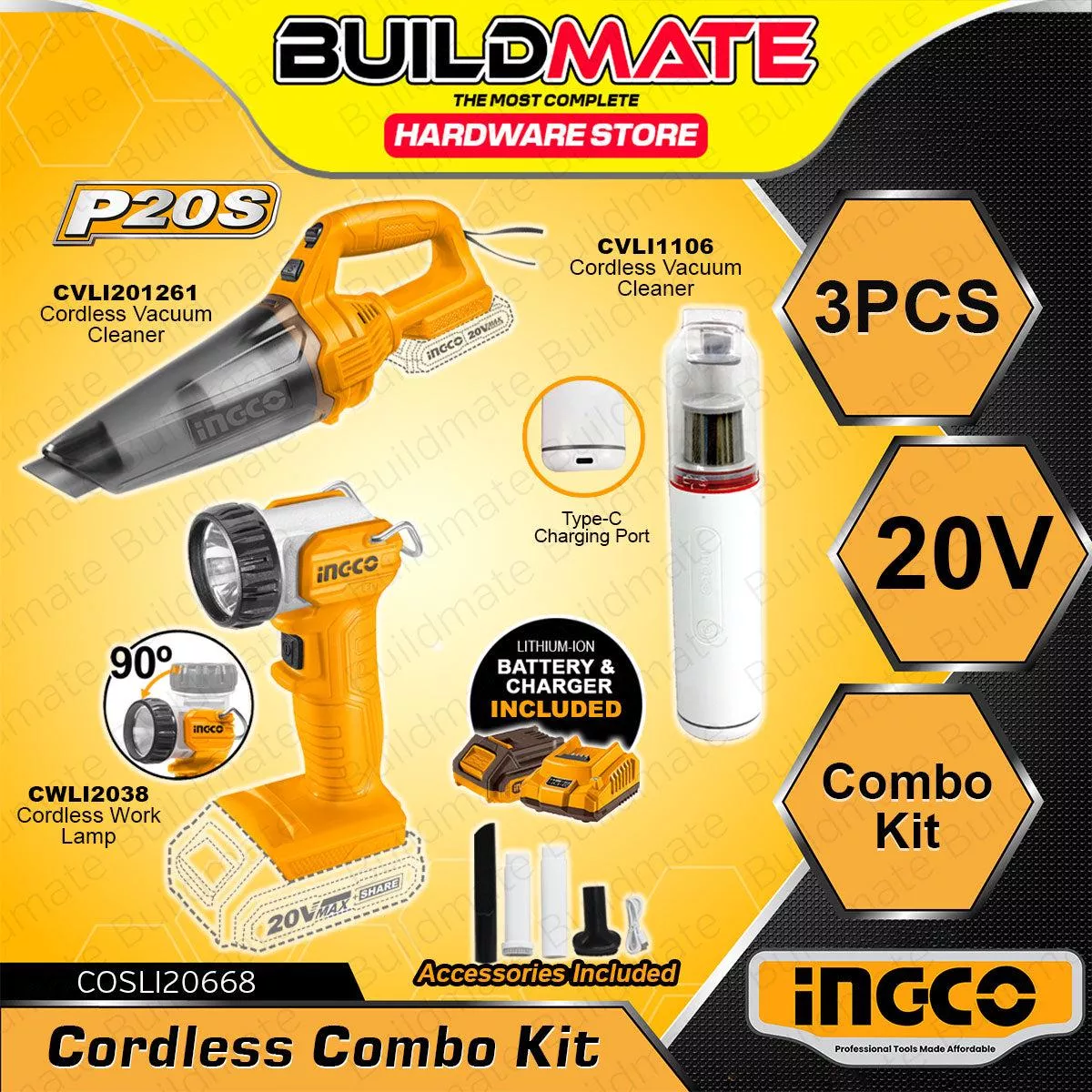 [EXCLUSIVE] BUILDMATE Ingco 3PCS/SET Lithium-Ion Cordless Combo Kit 2pcs Vacuum Cleaner and 20V Work Lamp Power Tools Combo Set COSLI20668 - I