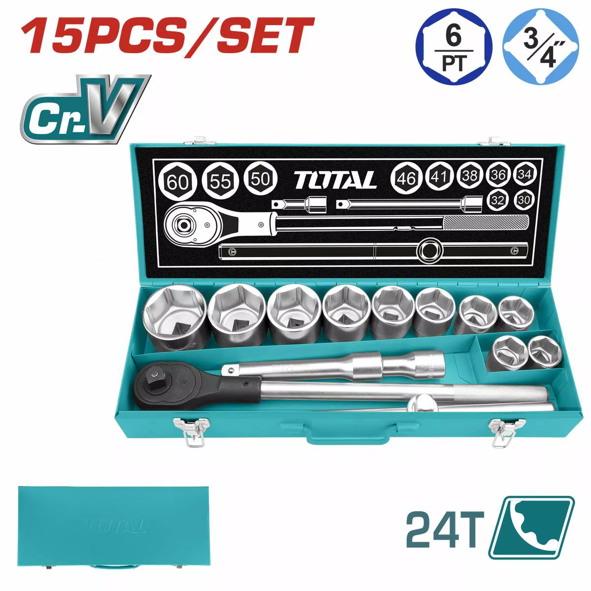 Total tools 15 Pcs 3/4socket set 30 : 60 mm , metal box THT341151